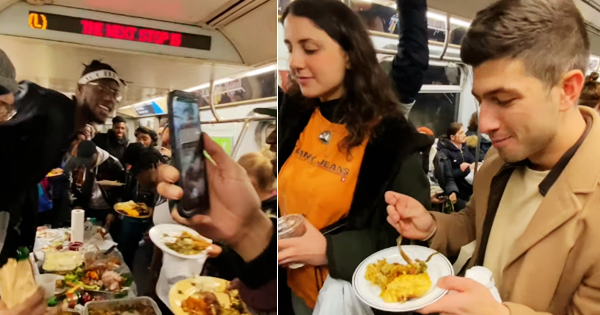Passengers of Crowded NYC Subway Train Enjoy Full Thanksgiving Meal