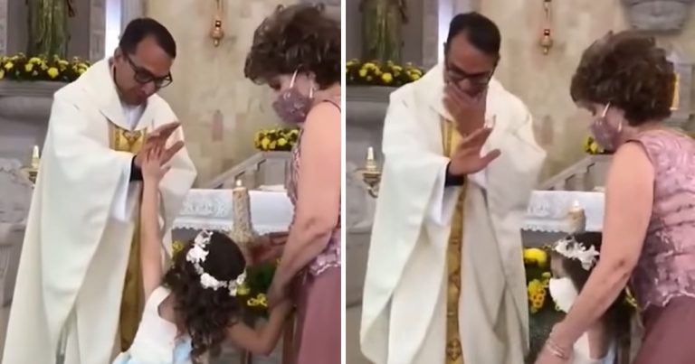 Hilariously Confused Little Girl Decides To High-Five Priest As He Raises Hand To Bless Her
