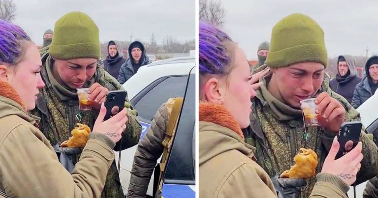Ukrainians Feed Starving, Surrendered Russian Soldier Who Breaks Down during Video Call with Mom