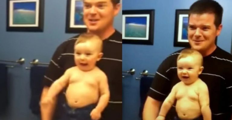 Adorable Baby Imitates Dad by Flexing Muscles in Front of Mirror